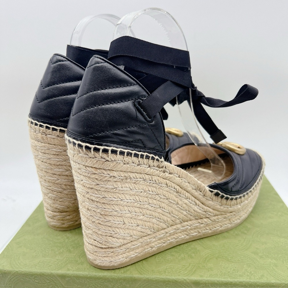 Gucci GG Marmont Platform MATELASSÉ Wedge Heels Espadrille Black Leather EU 40.5 - Picture 7 of 14
